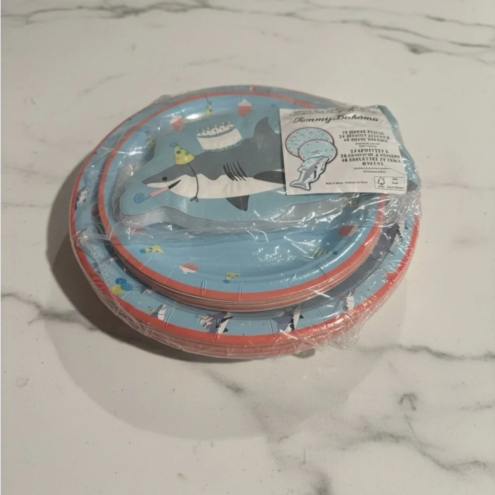 New Tommy Bahama Shark Party Plates & Napkins Set- Blue and Red